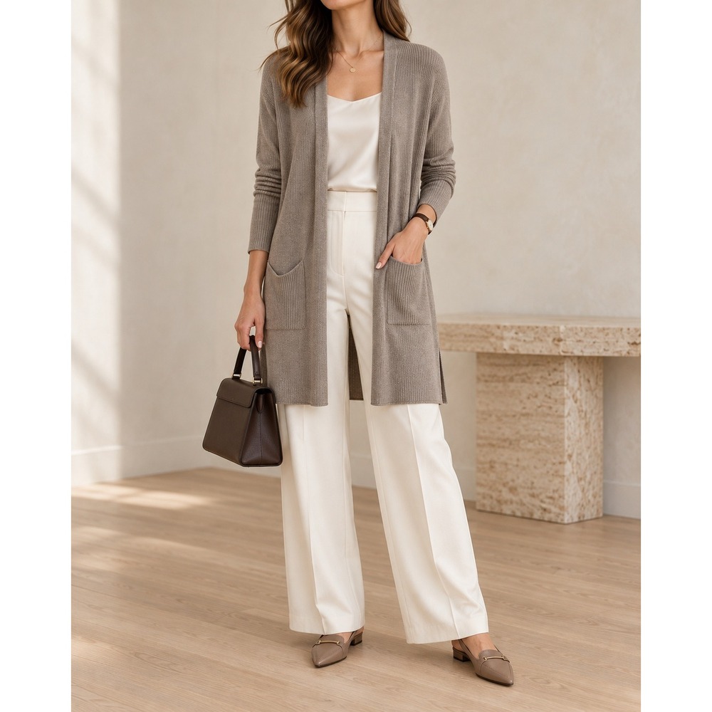 NWT Tahari Cashmere Blend Open Front Duster Cardigan Tan Quiet Luxury Minimalist
